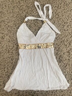 [SOLD] Y2k Bling White Halter Tank with Gold Sequin Waistband